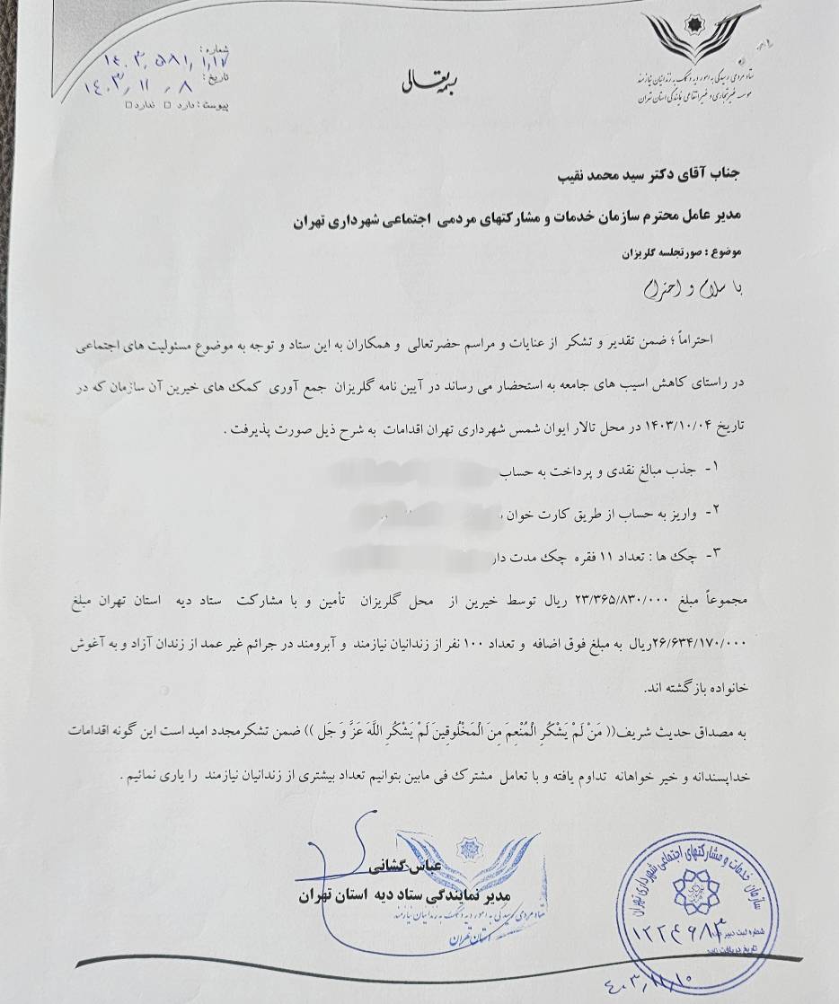 تقدیر ستاد دیه استان تهران از مدیرعامل سازمان خدمات و مشارکت های اجتماعی شهرداری تهران