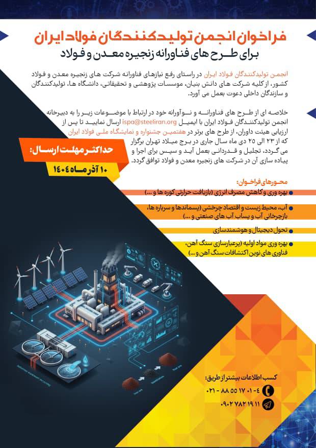 فراخوان انجمن تولیدکنندگان فولاد ایران برای طرح های فناورانه زنجیره معدن و فولاد