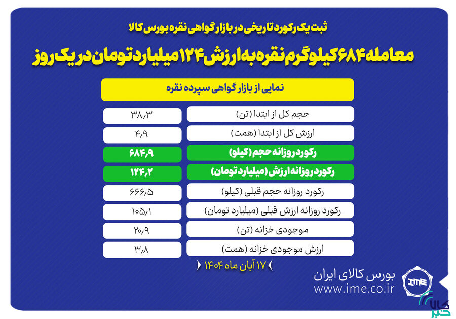 معامله ۶۸۴ کیلوگرم نقره به ارزش ۱۲۴ میلیارد تومان در یک روز/ موجودی خزانه نقره از مرز ۲۰ تن عبور کرد
