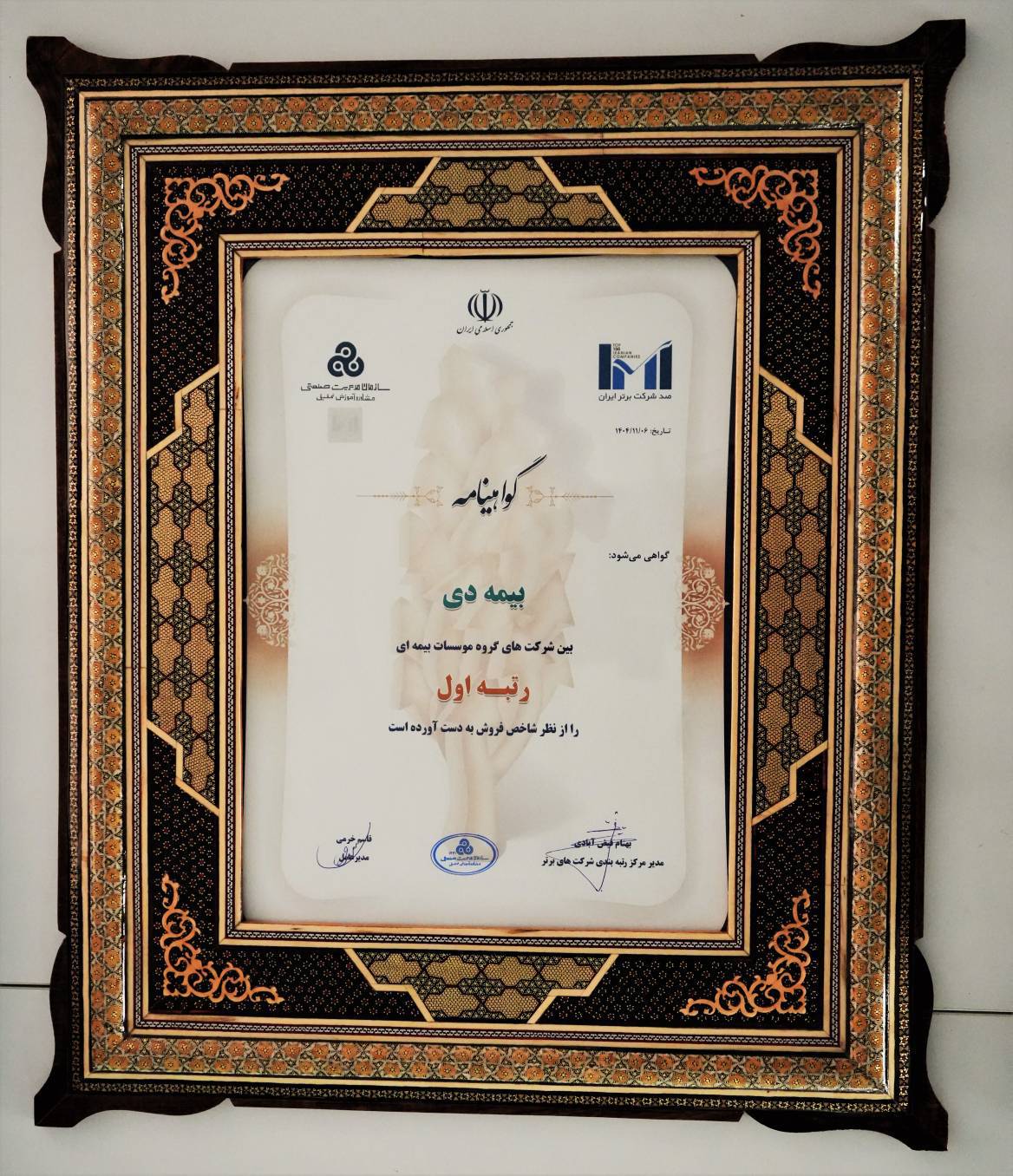 بیمه دی رتبه اول مؤسسات بیمه ای کشور شد